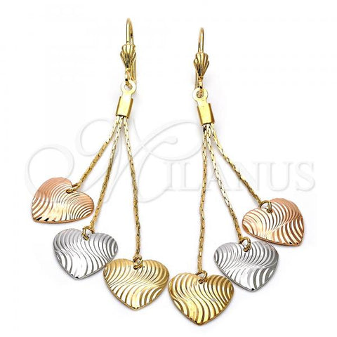 Oro Laminado Long Earring, Gold Filled Style Heart Design, Diamond Cutting Finish, Tricolor, 5.083.010