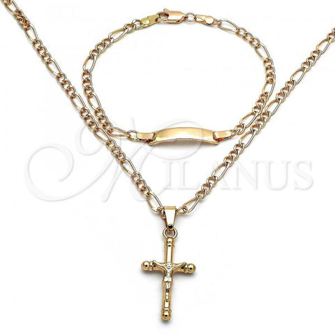 Oro Laminado Necklace and Bracelet, Gold Filled Style Crucifix Design, Polished, Golden Finish, 06.63.0260