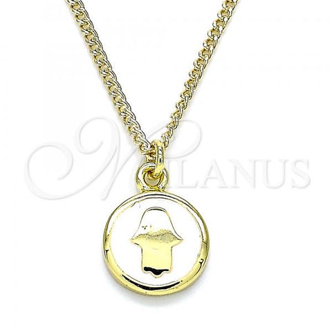 Oro Laminado Pendant Necklace, Gold Filled Style Hand of God Design, White Enamel Finish, Golden Finish, 04.374.0003.1.20