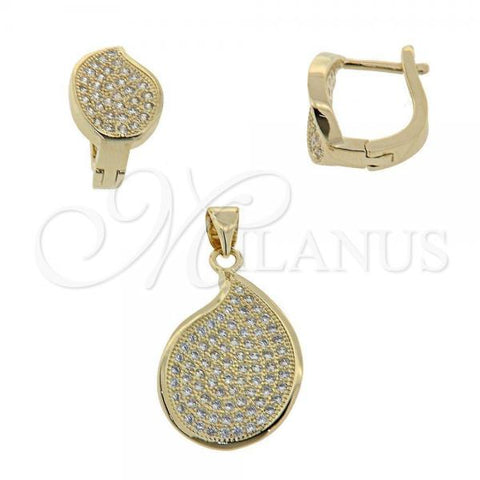 Oro Laminado Earring and Pendant Adult Set, Gold Filled Style Teardrop Design, with White Micro Pave, Polished, Golden Finish, 10.166.0004