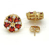 Oro Laminado Stud Earring, Gold Filled Style Flower Design, with Garnet and White Cubic Zirconia, Polished, Golden Finish, 02.210.0040.2