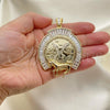 Oro Laminado Religious Pendant, Gold Filled Style Centenario Coin and Angel Design, with White and Garnet Cubic Zirconia, Polished, Golden Finish, 05.380.0158