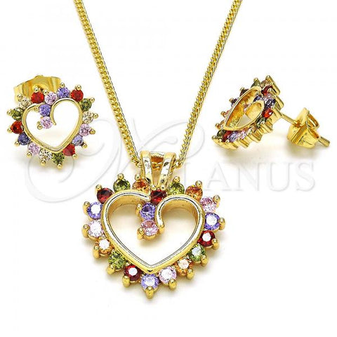 Oro Laminado Earring and Pendant Adult Set, Gold Filled Style Heart Design, with Multicolor Cubic Zirconia, Polished, Golden Finish, 10.316.0015.2