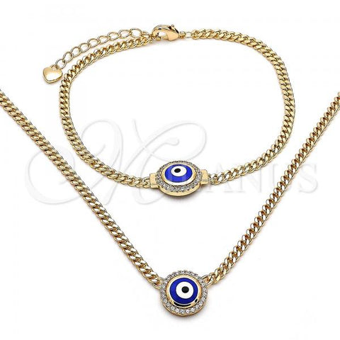 Oro Laminado Necklace and Bracelet, Gold Filled Style Evil Eye and Miami Cuban Design, with White Micro Pave, Blue Enamel Finish, Golden Finish, 06.213.0020