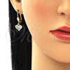 Oro Laminado Dangle Earring, Gold Filled Style Heart Design, with White Micro Pave, Polished, Golden Finish, 02.210.0345