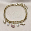 Oro Laminado Charm Bracelet, Gold Filled Style Cherry and Heart Design, with White Cubic Zirconia and Ruby Micro Pave, Polished, Golden Finish, 03.213.0322.07