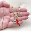 Oro Laminado Fancy Necklace, Gold Filled Style Chili and Evil Eye Design, with White Micro Pave and Blue Zircon Crystal, Polished, Golden Finish, 04.341.0238.18