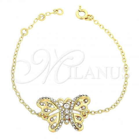 Oro Laminado Fancy Bracelet, Gold Filled Style Butterfly Design, with White Crystal, Polished, Golden Finish, 03.91.0044