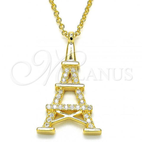 Sterling Silver Pendant Necklace, Eiffel Tower Design, with White Cubic Zirconia, Polished, Golden Finish, 04.336.0093.2.16