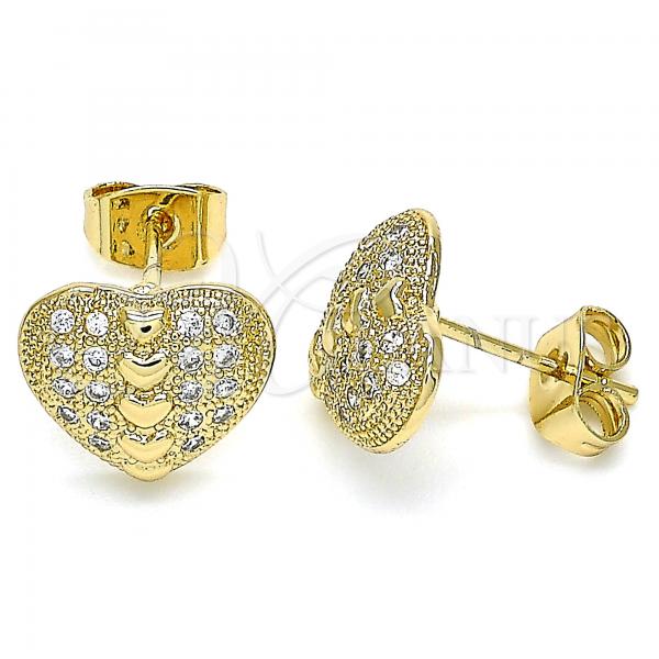 Oro Laminado Stud Earring, Gold Filled Style Heart Design, with White Micro Pave, Polished, Golden Finish, 02.344.0085