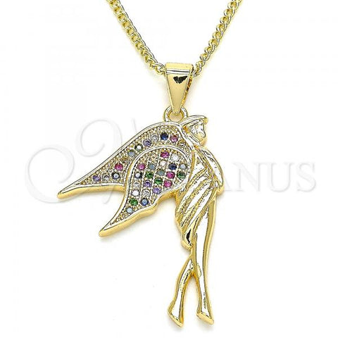 Oro Laminado Pendant Necklace, Gold Filled Style Angel Design, with Multicolor Micro Pave, Polished, Golden Finish, 04.344.0021.2.20