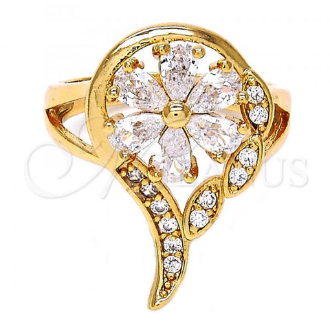 Oro Laminado Multi Stone Ring, Gold Filled Style Flower and Teardrop Design, with White Cubic Zirconia, Polished, Golden Finish, 01.210.0010.09 (Size 9)