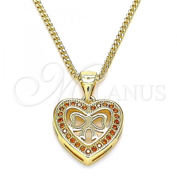 Oro Laminado Pendant Necklace, Gold Filled Style Heart and Bow Design, with Garnet Micro Pave, Polished, Golden Finish, 04.156.0462.1.20
