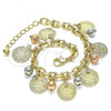 Oro Laminado Charm Bracelet, Gold Filled Style Ball and Flower Design, with White Crystal, Polished, Tricolor, 03.331.0189.08