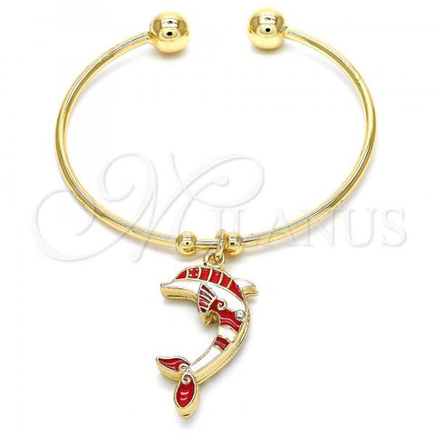 Oro Laminado Individual Bangle, Gold Filled Style Dolphin Design, with White Crystal, Red Enamel Finish, Golden Finish, 07.63.0205 (02 MM Thickness, One size fits all)