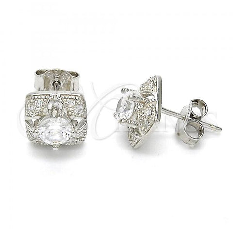 Sterling Silver Stud Earring, with White Cubic Zirconia and White Micro Pave, Polished, Rhodium Finish, 02.186.0027