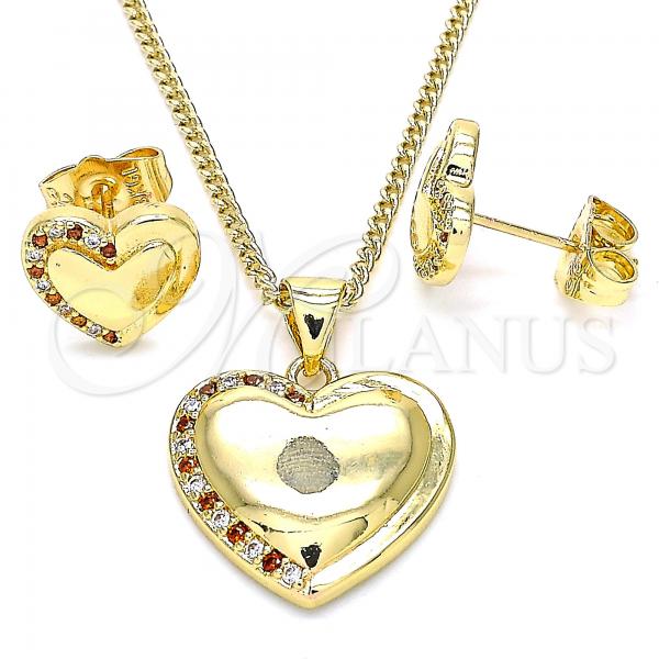 Oro Laminado Earring and Pendant Adult Set, Gold Filled Style Heart Design, with Garnet and White Micro Pave, Polished, Golden Finish, 10.156.0297.1