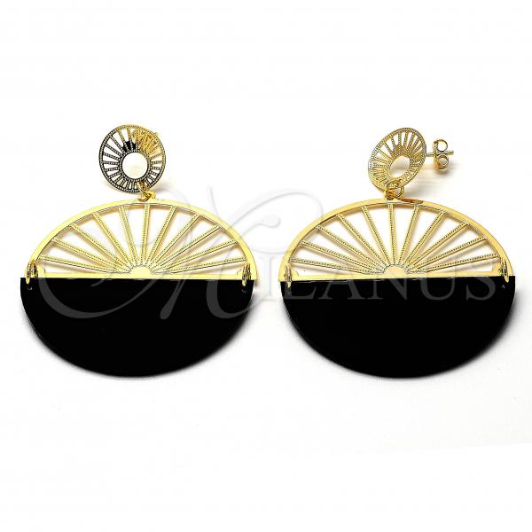 Oro Laminado Long Earring, Gold Filled Style Black Resin Finish, Golden Finish, 02.09.0111.3