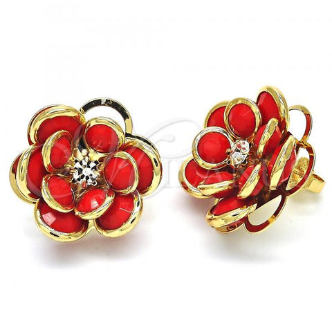 Oro Laminado Stud Earring, Gold Filled Style Flower Design, with Garnet and White Crystal, Polished, Golden Finish, 02.64.0641.2