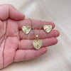 Oro Laminado Earring and Pendant Adult Set, Gold Filled Style Heart Design, Diamond Cutting Finish, Golden Finish, 10.413.0002