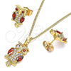 Oro Laminado Earring and Pendant Adult Set, Gold Filled Style Owl Design, with Garnet Cubic Zirconia and White Micro Pave, Polished, Golden Finish, 10.210.0123