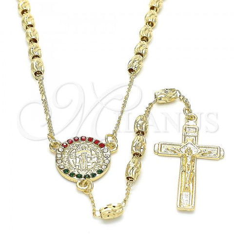 Oro Laminado Thin Rosary, Gold Filled Style San Benito and Crucifix Design, with Multicolor Crystal, Diamond Cutting Finish, Golden Finish, 09.351.0007.1.26