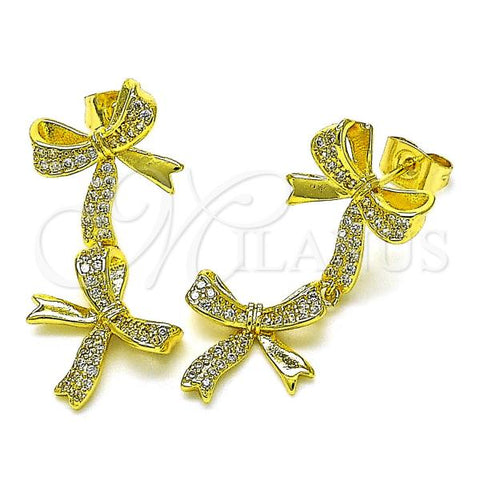 Oro Laminado Stud Earring, Gold Filled Style Bow Design, with White Micro Pave, Polished, Golden Finish, 02.411.0004