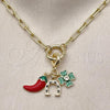 Oro Laminado Fancy Necklace, Gold Filled Style Seahorse and Chili Design, with White and Black Cubic Zirconia, Red Enamel Finish, Golden Finish, 04.341.0241.20
