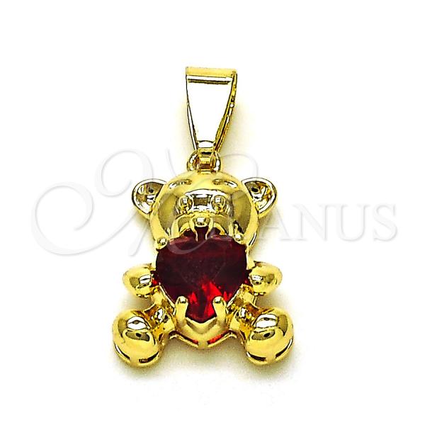 Oro Laminado Fancy Pendant, Gold Filled Style Teddy Bear and Heart Design, with Garnet Cubic Zirconia, Polished, Golden Finish, 05.411.0020.1