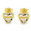 Oro Laminado Stud Earring, Gold Filled Style Heart Design, with Multicolor Micro Pave and White Cubic Zirconia, Polished, Golden Finish, 02.233.0047.2