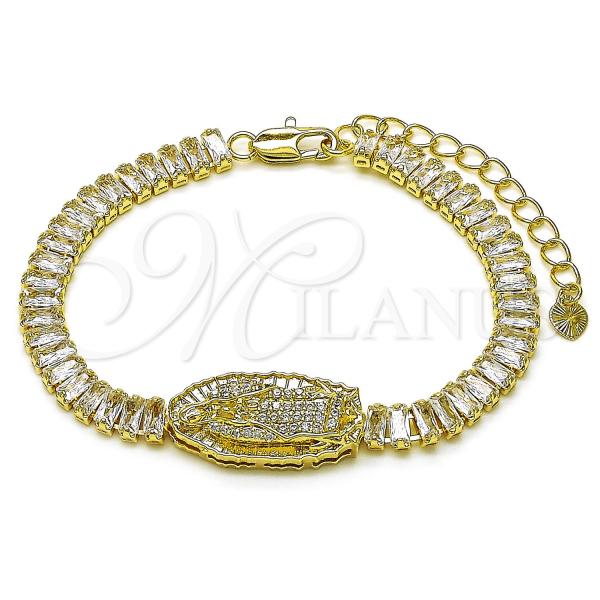 Oro Laminado Fancy Bracelet, Gold Filled Style Guadalupe and Baguette Design, with White Cubic Zirconia and White Micro Pave, Polished, Golden Finish, 03.411.0029.07