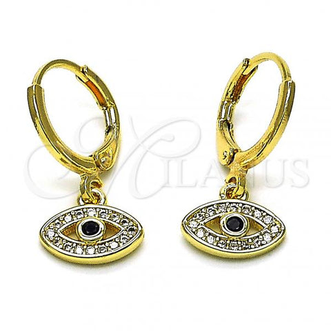 Oro Laminado Dangle Earring, Gold Filled Style Evil Eye Design, with White Micro Pave and Black Cubic Zirconia, Polished, Golden Finish, 02.253.0048