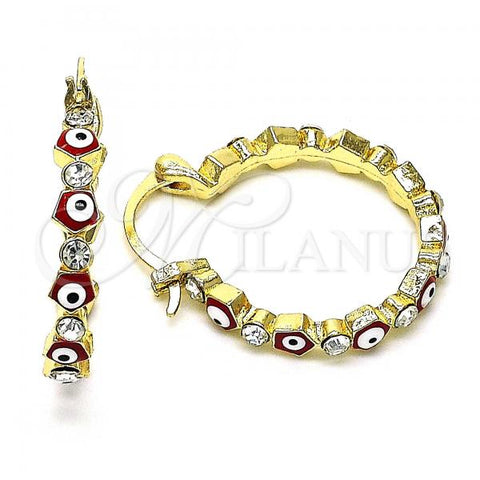 Oro Laminado Small Hoop, Gold Filled Style Evil Eye Design, with White Crystal, Red Enamel Finish, Golden Finish, 02.213.0367.1.25