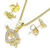 Oro Laminado Earring and Pendant Adult Set, Gold Filled Style Heart Design, with White Micro Pave, Polished, Golden Finish, 10.233.0044