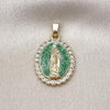 Oro Laminado Religious Pendant, Gold Filled Style Guadalupe Design, with White Cubic Zirconia, Green Enamel Finish, Golden Finish, 05.284.0019.3