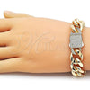 Oro Laminado Fancy Bracelet, Gold Filled Style Miami Cuban Design, with White Cubic Zirconia, Polished, Golden Finish, 03.156.0043.08
