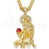 Oro Laminado Religious Pendant, Gold Filled Style San Lazaro Design, with White and Garnet Cubic Zirconia, Polished, Golden Finish, 05.120.0037