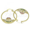 Oro Laminado Medium Hoop, Gold Filled Style Guadalupe and Flower Design, with Multicolor Cubic Zirconia, Polished, Golden Finish, 02.253.0013.1.35