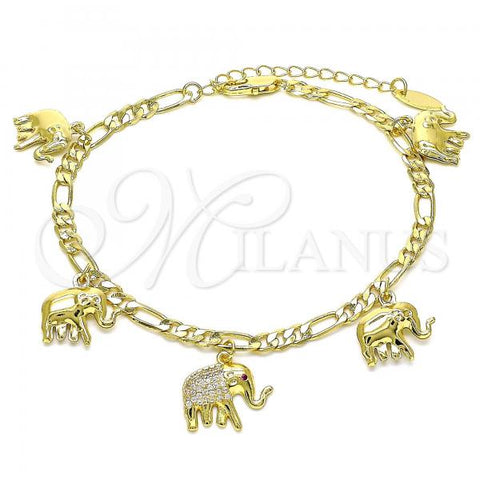 Oro Laminado Charm Anklet , Gold Filled Style Elephant Design, with White and Ruby Micro Pave, Polished, Golden Finish, 03.383.0007.10