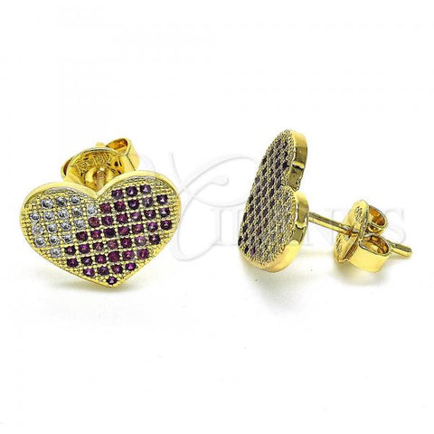 Oro Laminado Stud Earring, Gold Filled Style Heart Design, with Ruby and White Micro Pave, Polished, Golden Finish, 02.94.0092