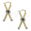 Oro Laminado Medium Hoop, Gold Filled Style Flower Design, with Black and White Cubic Zirconia, Diamond Cutting Finish, Golden Finish, 02.63.1448