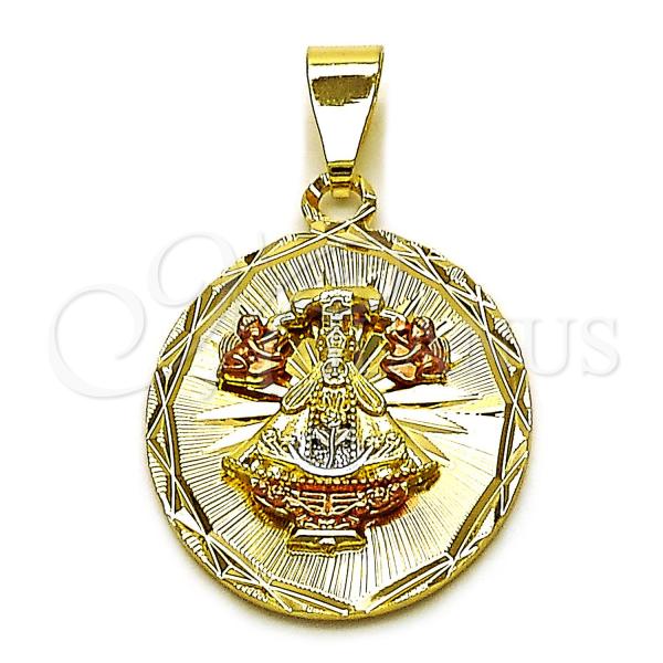 Oro Laminado Religious Pendant, Gold Filled Style Caridad del Cobre Design, Diamond Cutting Finish, Tricolor, 05.120.0098