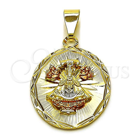 Oro Laminado Religious Pendant, Gold Filled Style Caridad del Cobre Design, Diamond Cutting Finish, Tricolor, 05.120.0098