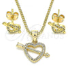 Oro Laminado Earring and Pendant Adult Set, Gold Filled Style Heart Design, with White Micro Pave, Polished, Golden Finish, 10.342.0044