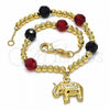 Oro Laminado Charm Bracelet, Gold Filled Style Elephant and Ball Design, with Black Azavache and Ruby Crystal, Polished, Golden Finish, 03.32.0228.07