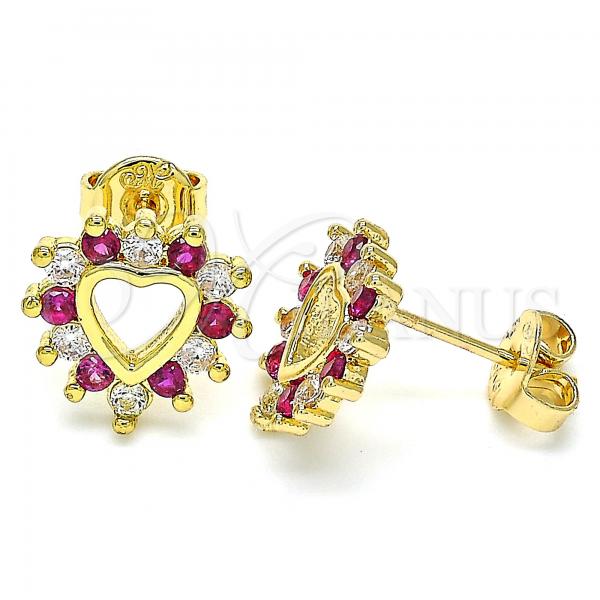 Oro Laminado Stud Earring, Gold Filled Style Heart Design, with Garnet and White Micro Pave, Polished, Golden Finish, 02.233.0024.2