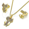 Oro Laminado Earring and Pendant Adult Set, Gold Filled Style Owl Design, with Multicolor Micro Pave, Polished, Golden Finish, 10.316.0037
