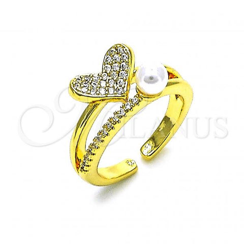 Oro Laminado Multi Stone Ring, Gold Filled Style Heart Design, with White Micro Pave and Ivory Pearl, Polished, Golden Finish, 01.341.0093