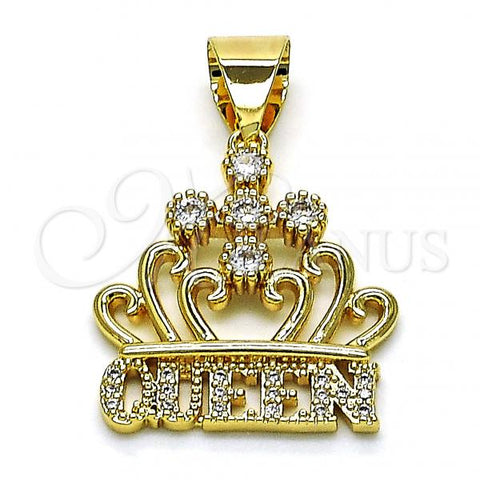 Oro Laminado Religious Pendant, Gold Filled Style Crown and Cross Design, with White Cubic Zirconia and White Micro Pave, Polished, Golden Finish, 05.342.0159