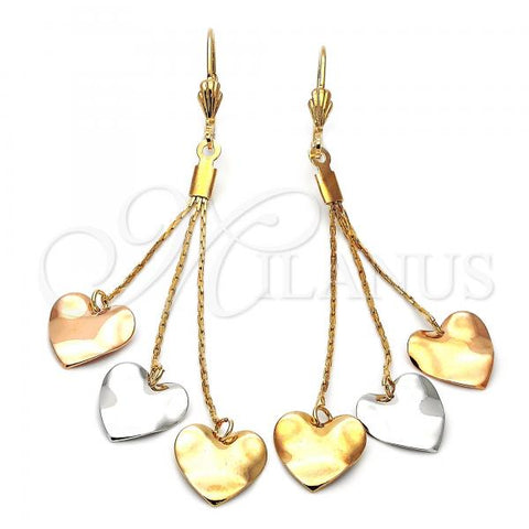 Oro Laminado Long Earring, Gold Filled Style Heart Design, Polished, Tricolor, 5.111.005